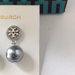 Tory Burch Jewelry - New Tory Burch crystal logo pearl earrings silver Tory Burch Jewelry - New Tory Burch crystal logo pearl earrings silver